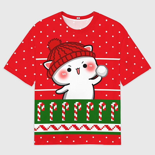 Мужская футболка оверсайз Белый котик - игра в снежки / 3D-принт – фото 1