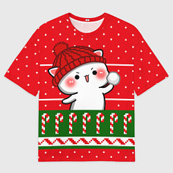 Мужская футболка оверсайз Белый котик - игра в снежки