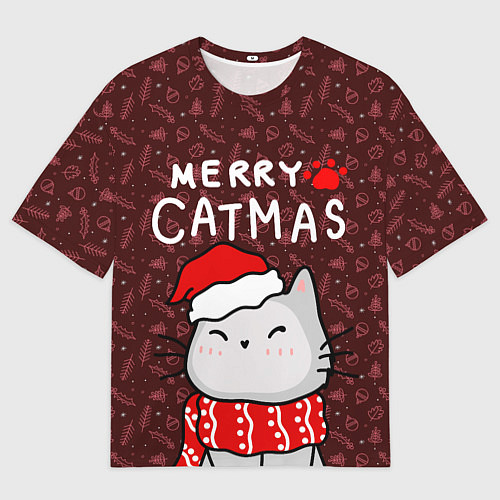 Мужская футболка оверсайз Котик в новогодней шапочке - 2023 / 3D-принт – фото 1