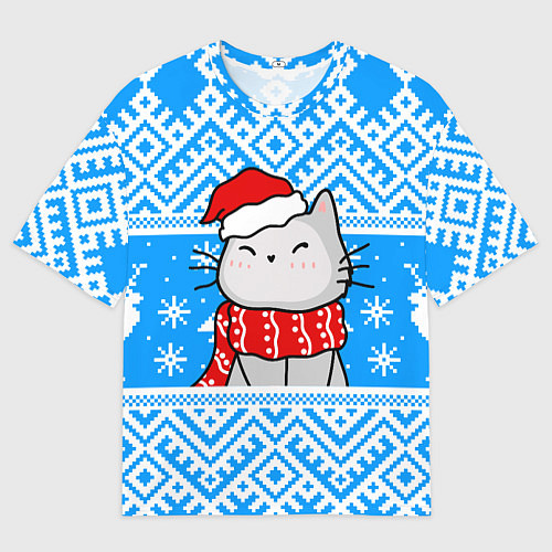 Мужская футболка оверсайз Котик в новогодней шапочке / 3D-принт – фото 1