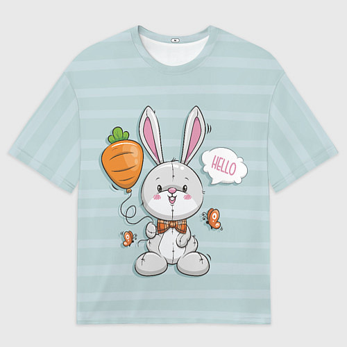 Мужская футболка оверсайз Милый зайка с шариком-морковкой / 3D-принт – фото 1
