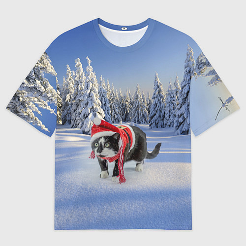 Мужская футболка оверсайз Ряженый котик в зимнем лесу / 3D-принт – фото 1