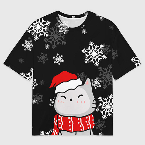 Мужская футболка оверсайз Котик в новогодней шапочке - снежинки / 3D-принт – фото 1