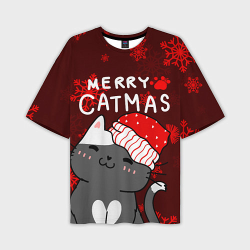 Мужская футболка оверсайз Новогодние снежинк и котик в шапочке / 3D-принт – фото 1