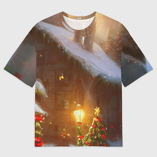 Мужская футболка оверсайз Cельский коттедж, засыпанный снегом / 3D-принт – фото 1