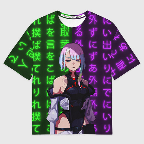 Мужская футболка оверсайз Люси и неоновые иероглифы / 3D-принт – фото 1