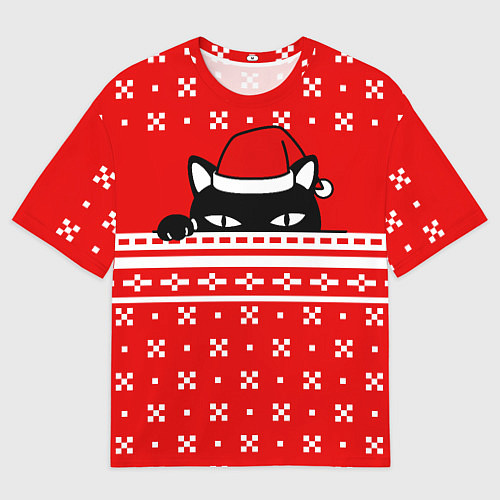 Мужская футболка оверсайз Выглядывающий котик - красный свитер / 3D-принт – фото 1