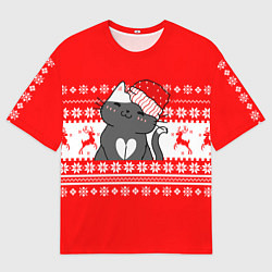 Футболка оверсайз мужская Котик новогодний - Свитер с оленями, цвет: 3D-принт