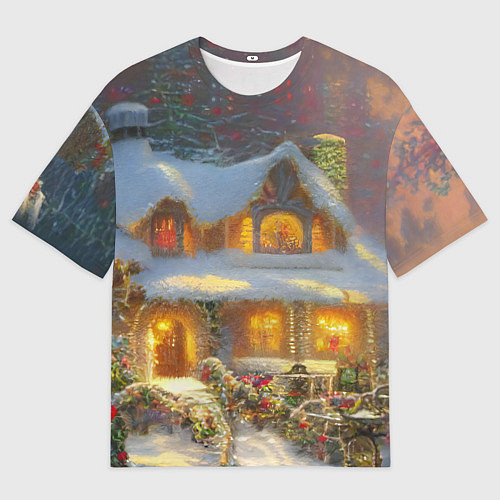 Мужская футболка оверсайз Заснеженные деревья и новогодний коттедж с гирлянд / 3D-принт – фото 1