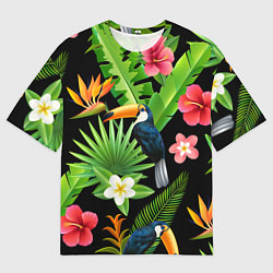 Мужская футболка оверсайз Тропический паттерн с туканом