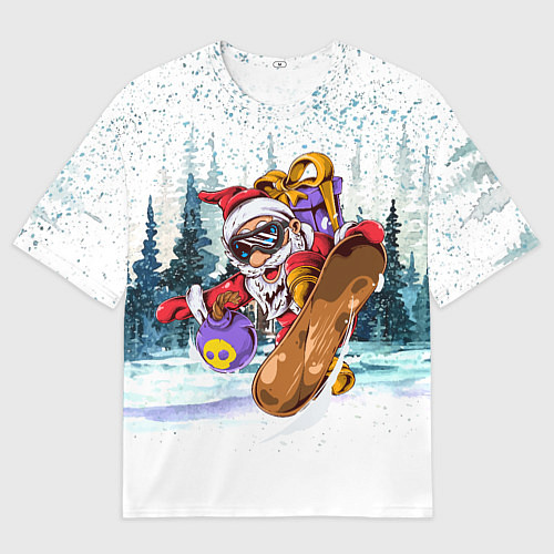 Мужская футболка оверсайз Санта на сноуборде в лесу / 3D-принт – фото 1