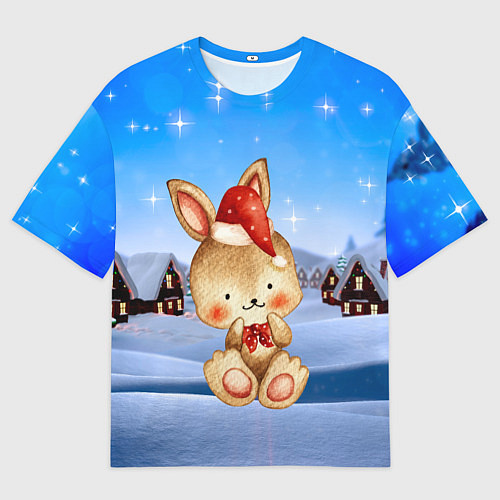 Мужская футболка оверсайз Зайчик в новогоднем колпаке / 3D-принт – фото 1