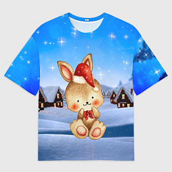 Мужская футболка оверсайз Зайчик в новогоднем колпаке