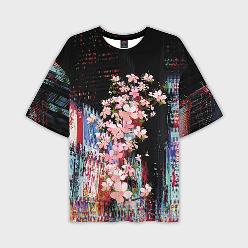 Мужская футболка оверсайз Ветка сакуры на фоне ночного Токио - glitch / 3D-принт – фото 1