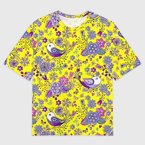 Мужская футболка оверсайз Птички и цветы на желтом / 3D-принт – фото 1