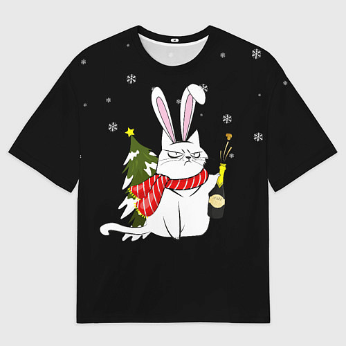 Мужская футболка оверсайз Серьёзный новогодний кот / 3D-принт – фото 1