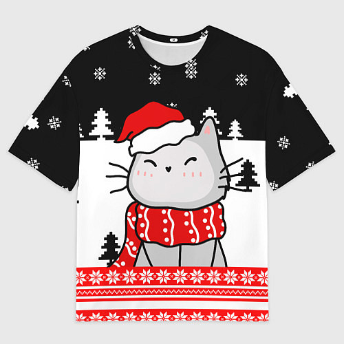 Мужская футболка оверсайз Новогодний свитер с котиком / 3D-принт – фото 1