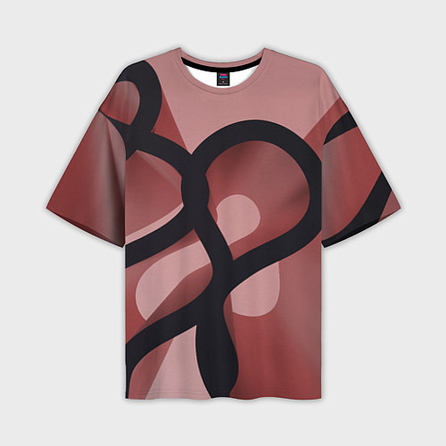 Мужская футболка оверсайз Тёмные волнообразные линии на красном фоне / 3D-принт – фото 1