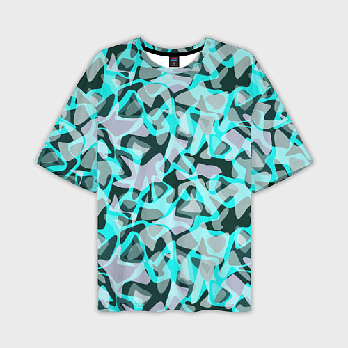 Мужская футболка оверсайз Пятнистый абстрактный узор серый с бирюзовыми лини / 3D-принт – фото 1