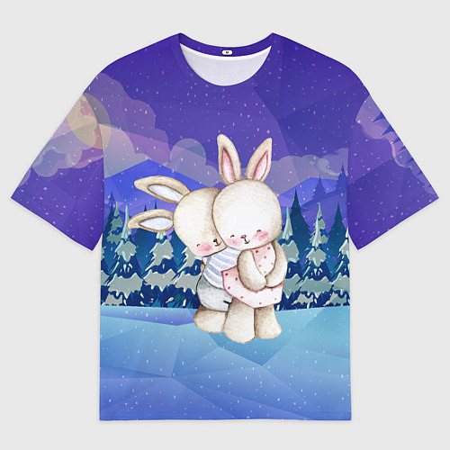 Мужская футболка оверсайз Зайчики обнимаются - новый год / 3D-принт – фото 1