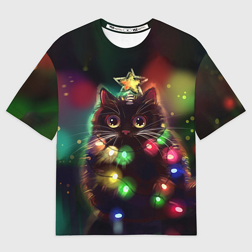 Мужская футболка оверсайз Новогодний котик с гирляндой / 3D-принт – фото 1