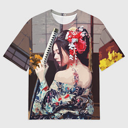 Мужская футболка оверсайз Японская девушка с самурайским мечом