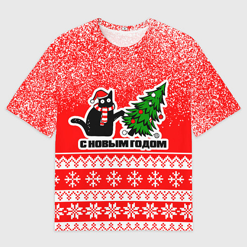 Мужская футболка оверсайз С новым годом - котик и ёлка / 3D-принт – фото 1