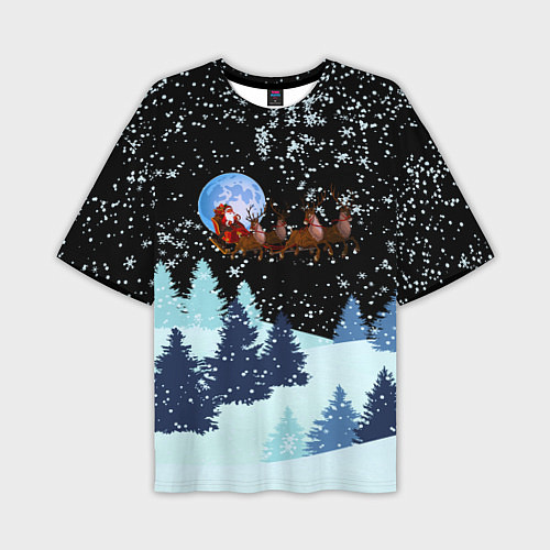 Мужская футболка оверсайз Санта на оленях в ночном небе / 3D-принт – фото 1