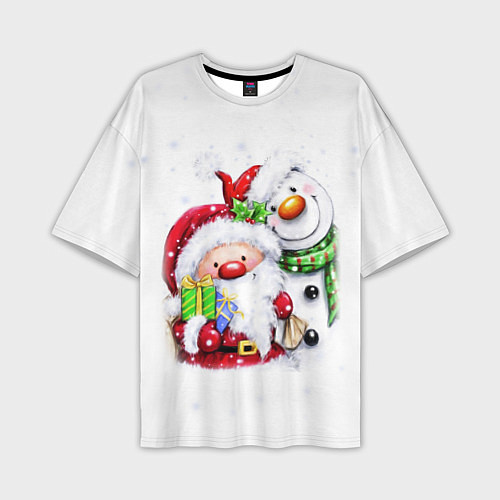 Мужская футболка оверсайз Дед Мороз и снеговик с подарками / 3D-принт – фото 1