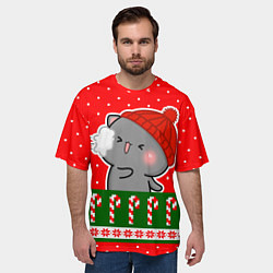 Футболка оверсайз мужская Серый котик - играет в снежки, цвет: 3D-принт — фото 2