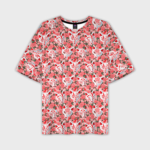 Мужская футболка оверсайз Маски лисиц кицунэ и цветущая камелия / 3D-принт – фото 1