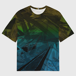 Футболка оверсайз мужская Черный абстрактный узор на сине-зеленом фоне, цвет: 3D-принт
