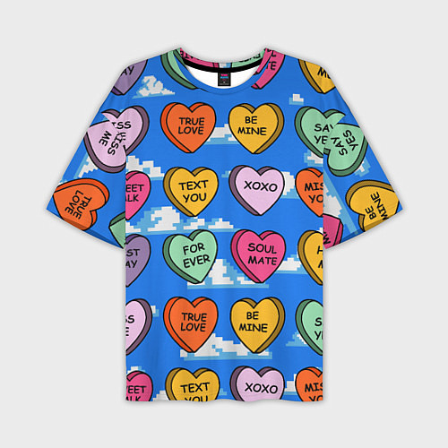 Мужская футболка оверсайз Валентинки конфетки сердечки с посланиями / 3D-принт – фото 1