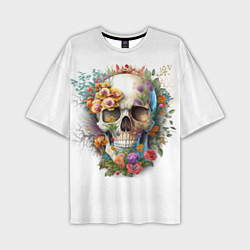 Мужская футболка оверсайз Череп украшенный растениями и цветами