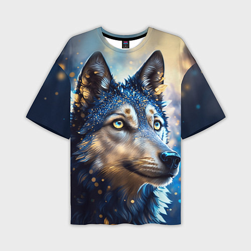 Мужская футболка оверсайз Волк на синем фоне / 3D-принт – фото 1