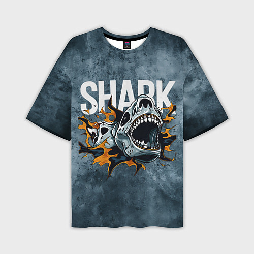 Мужская футболка оверсайз С акулой в стиле Арт на синем мраморе / 3D-принт – фото 1