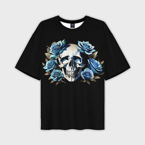 Мужская футболка оверсайз Череп и синие розы / 3D-принт – фото 1