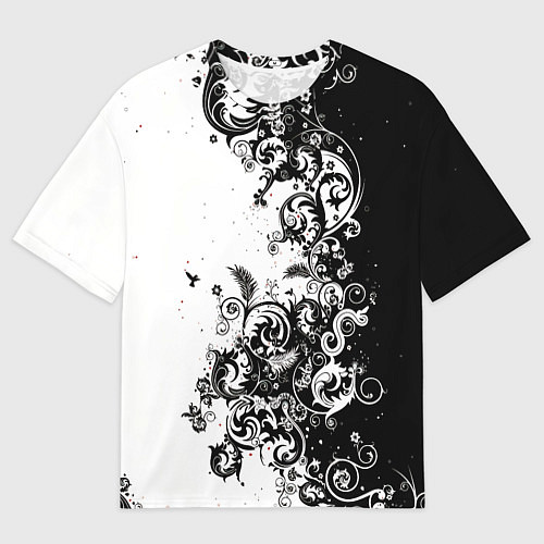 Мужская футболка оверсайз Черно-белая птица среди узорчатых цветов / 3D-принт – фото 1