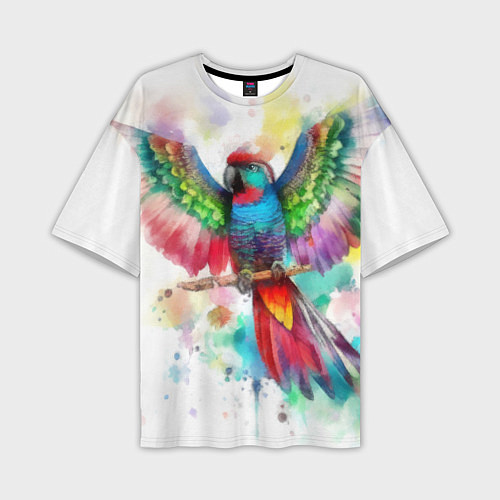 Мужская футболка оверсайз Разноцветный акварельный попугай с расправленными / 3D-принт – фото 1