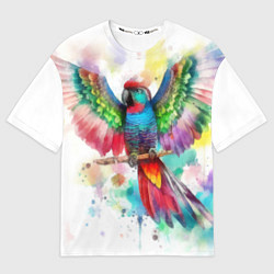Мужская футболка оверсайз Разноцветный акварельный попугай с расправленными