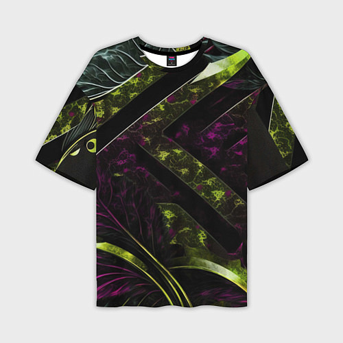 Мужская футболка оверсайз Темные фиолетовые и зеленые вставки / 3D-принт – фото 1