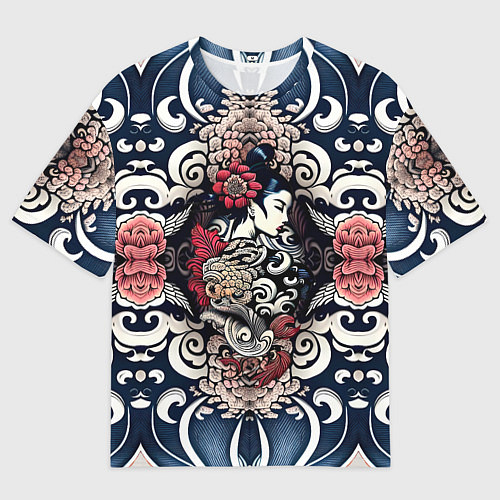 Мужская футболка оверсайз Irezumi style: девушка и синие узоры / 3D-принт – фото 1
