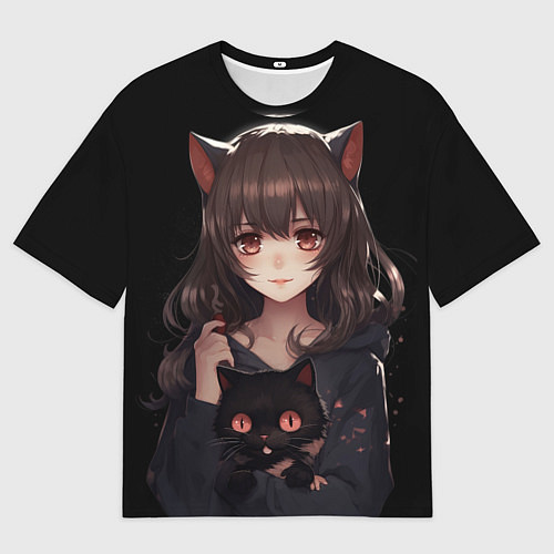 Мужская футболка оверсайз Девушка с черной кошкой / 3D-принт – фото 1