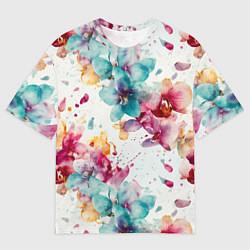 Футболка оверсайз мужская Орхидеи акварельные брызги - паттерн, цвет: 3D-принт