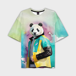 Мужская футболка оверсайз Прикольный панда в модной куртке