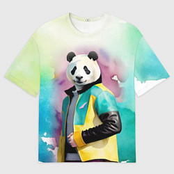 Мужская футболка оверсайз Прикольный панда в модной куртке