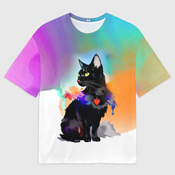 Мужская футболка оверсайз Чёрная кошечка с сердечком на груди