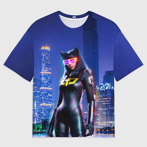 Мужская футболка оверсайз Cat girl on the background of a megalopolis / 3D-принт – фото 1