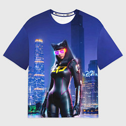 Футболка оверсайз мужская Cat girl on the background of a megalopolis, цвет: 3D-принт