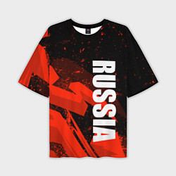 Мужская футболка оверсайз Russia - белая надпись на красных брызгах